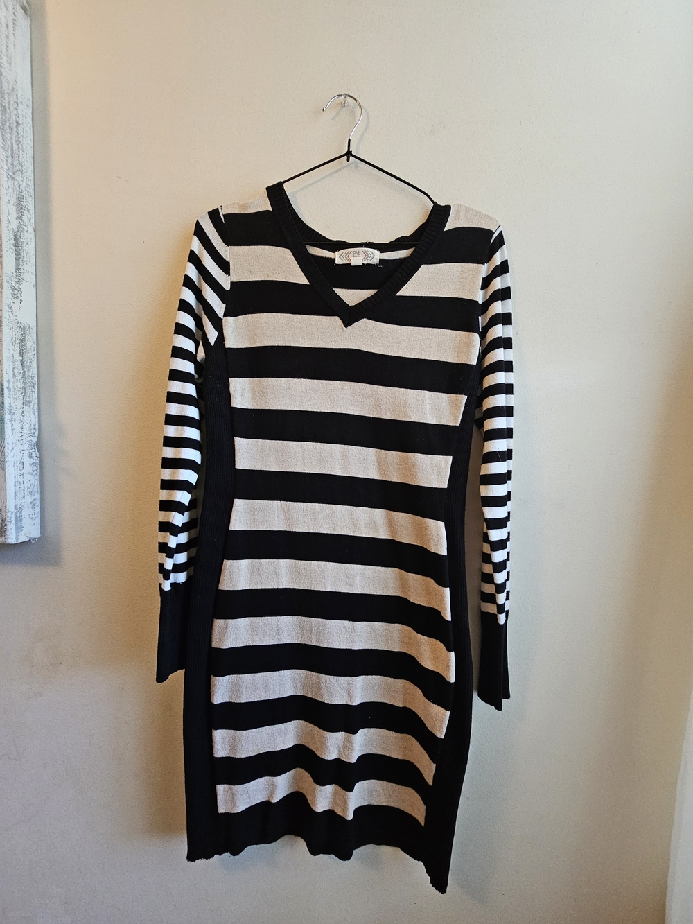 Pink Rose Black & Cream Striped V-Neck Long Sleeve Dress